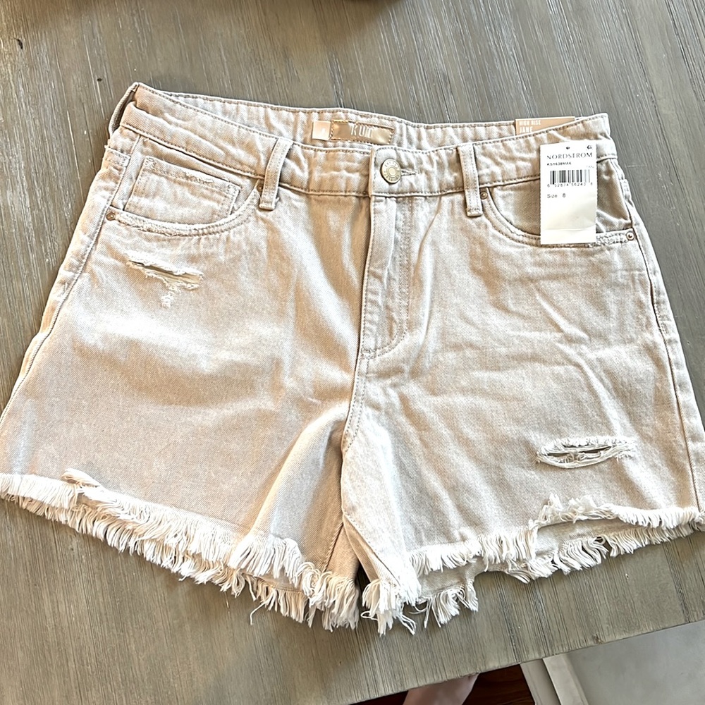 KUT from the Kloth “Jane” high-rise long short in tan. NWT